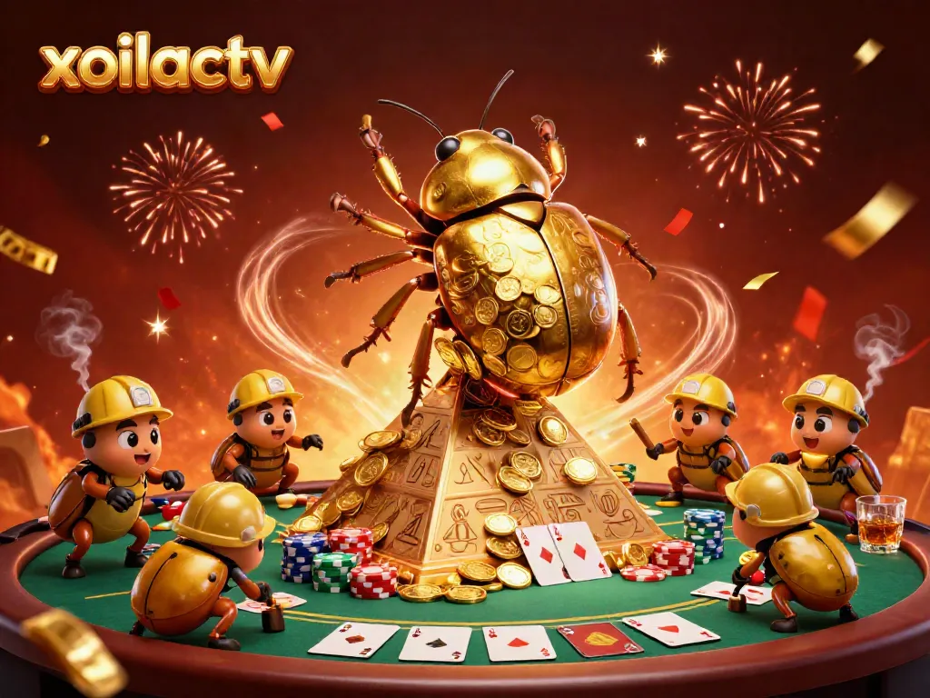 Engage with xoilactv, featuring a golden beetle and casino elements in a vibrant celebratory scene.