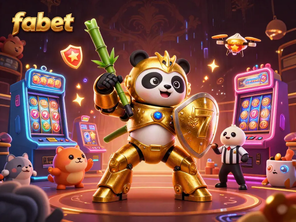 Engage with fabet's exciting atmosphere featuring a mech-suit panda in a vibrant casino scene.