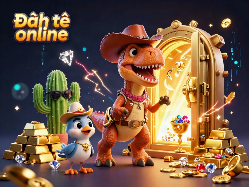 Engage in Đánh đề online with the playful T-Rex and friends amidst sparkling treasures.