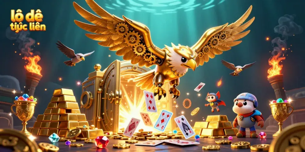 Experience exhilarating lô đề trực tuyến action with golden eagle diving through playing cards amidst sparkling treasure.