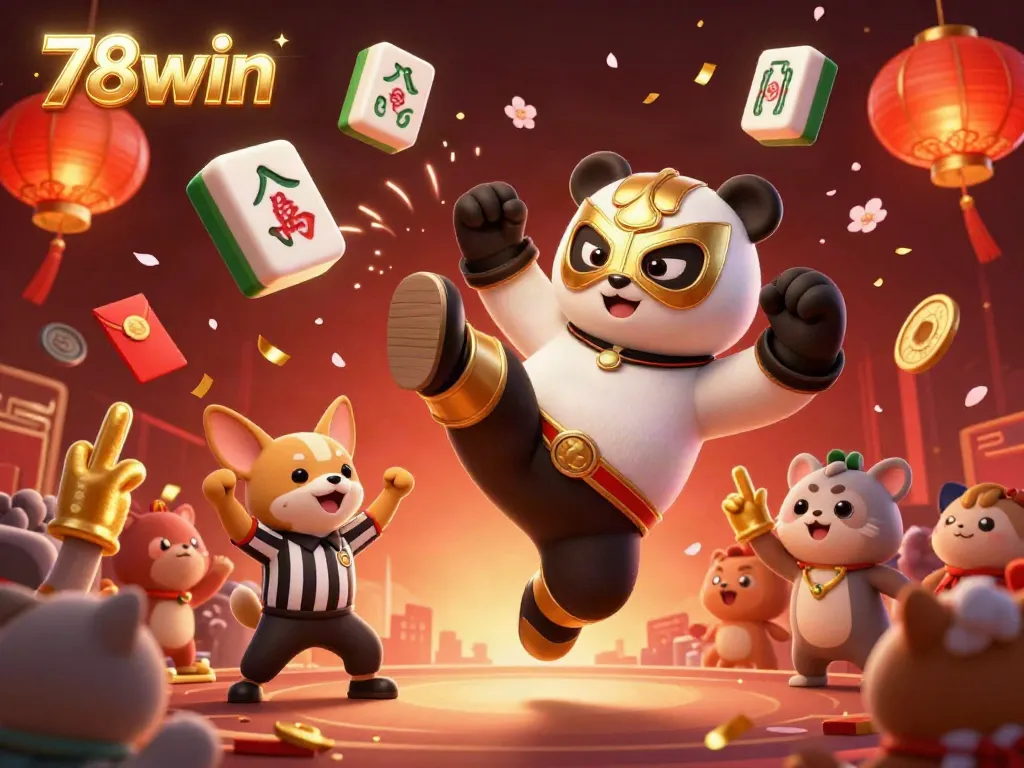 Experience thrilling action at 78win with an exciting illustration of a cartoon wrestler panda engaging in a flying kick at a lively casino.