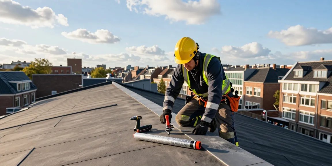 Expert dakdekker den haag inspecting a flat roof with tools while showcasing the urban skyline in the background