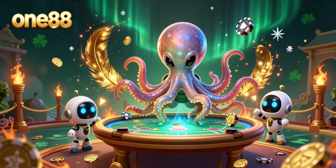 Engage in thrilling poker with one88 in a dynamic 3D illustration featuring an alien octopus.