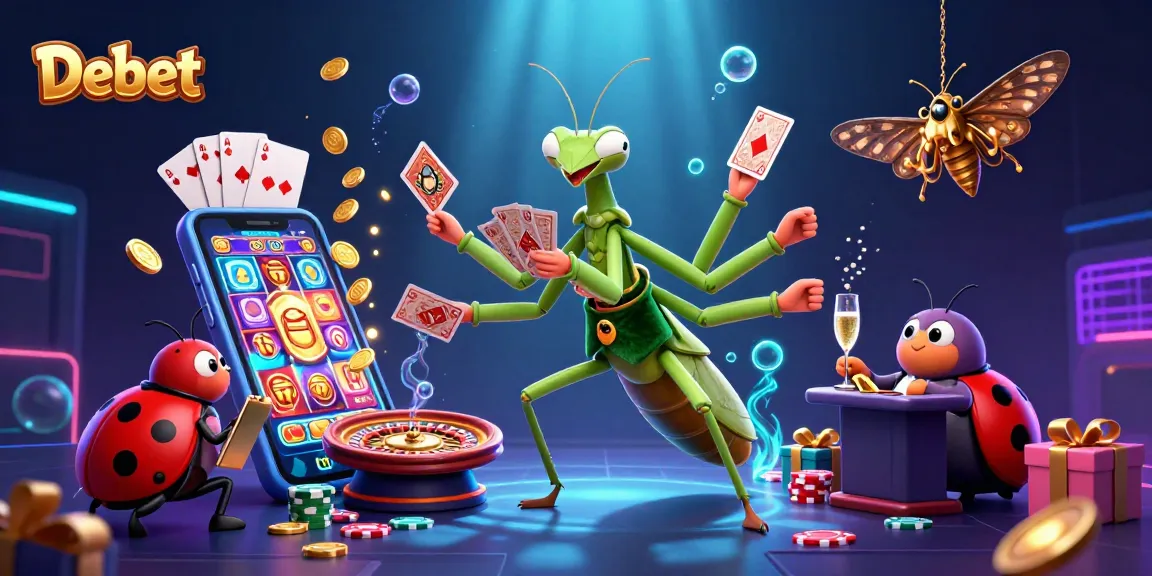 Debet casino engaging scene with a mantis card sharp dazzling players with vibrant slot games.