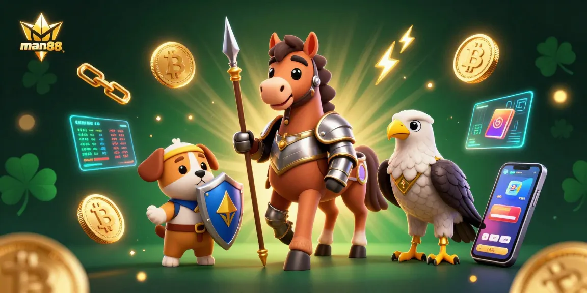 Spin to victory with man88's colorful 3D illustration showcasing a knight, puppy, and falcon amid dazzling crypto symbols.