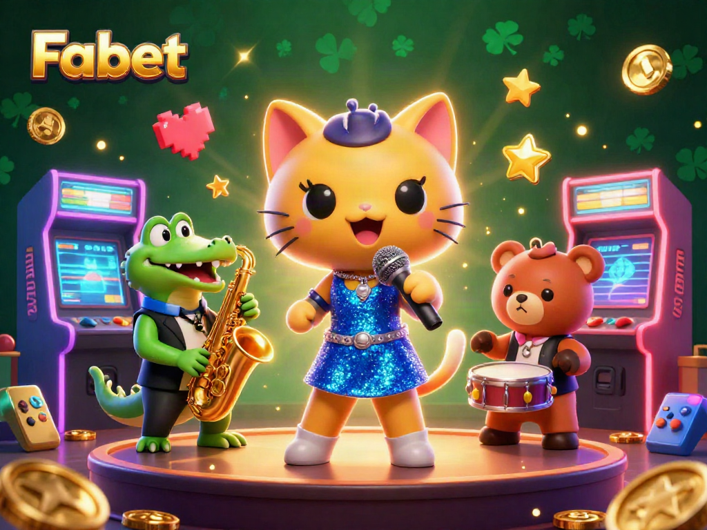 Experience Fabet's lively casino scene featuring a vibrant singing cat, saxophone crocodile, and drum-playing bear.