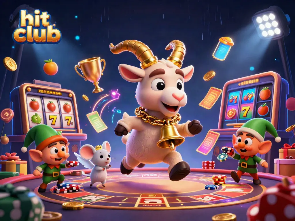 A 3D casino scene with hit club elements showcasing a Krampus goat running a festive gambling setup.