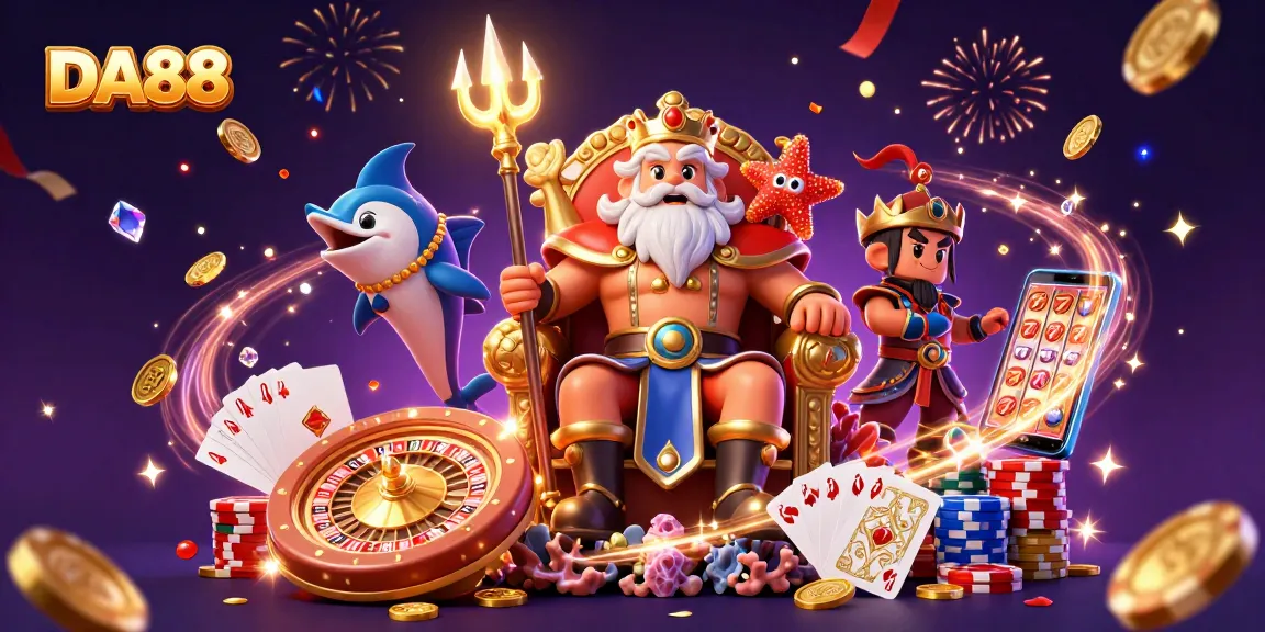 DA88 showcases a vibrant casino scene with Neptune and sparkling gaming elements.