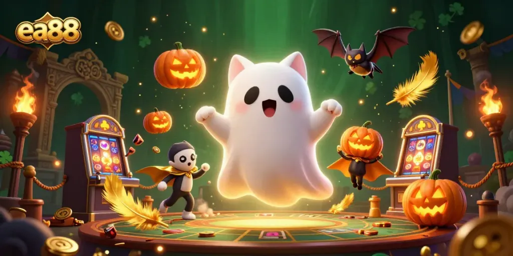Experience fun and thrills at ea88 with a friendly ghost cat and vampire bat in a haunted casino scene.