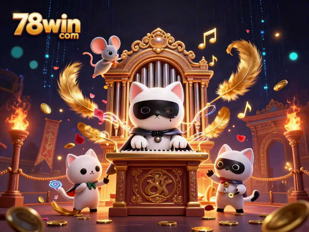 Experience the thrilling gameplay at 78win com, featuring a phantom cat playing at a grand organ amid swirling casino effects.
