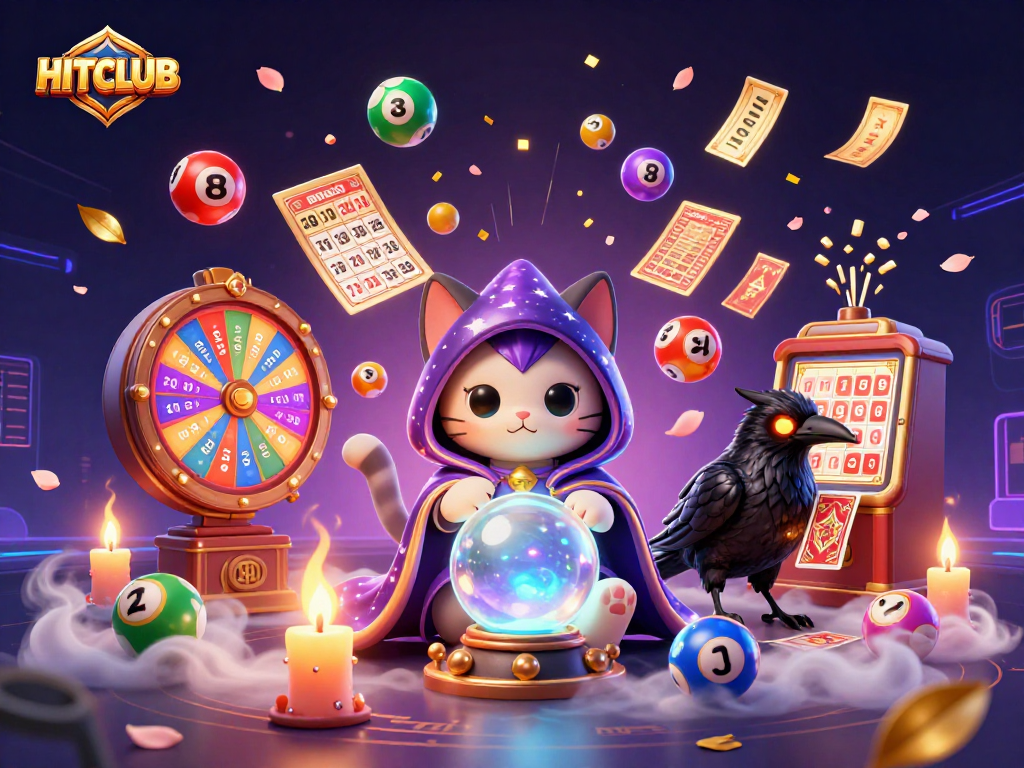 Experience HITCLUB's vibrant gaming atmosphere with colorful lottery elements and captivating characters.