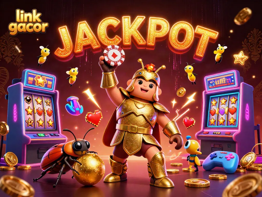 Experience the excitement with link gacor as a heroic beetle celebrates a jackpot amidst dynamic casino elements.