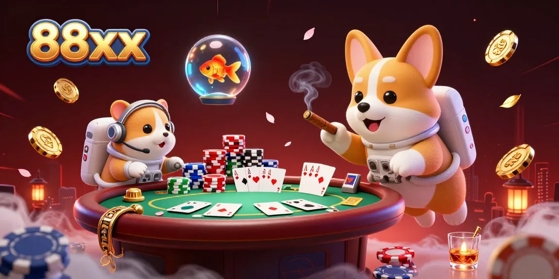 Engage in the vibrant universe of 88xx casino with a corgi astronaut amidst golden poker chips and coins.