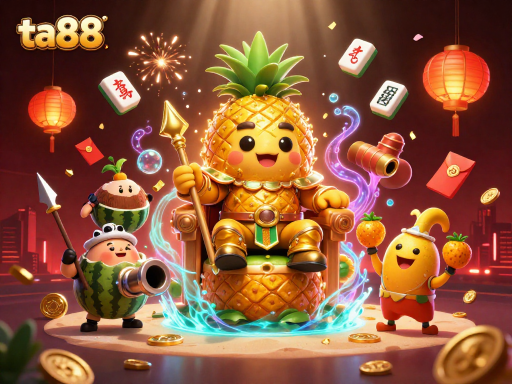 Experience thrilling casino action at ta88 featuring a golden pineapple king and a mango jester in vibrant atmosphere