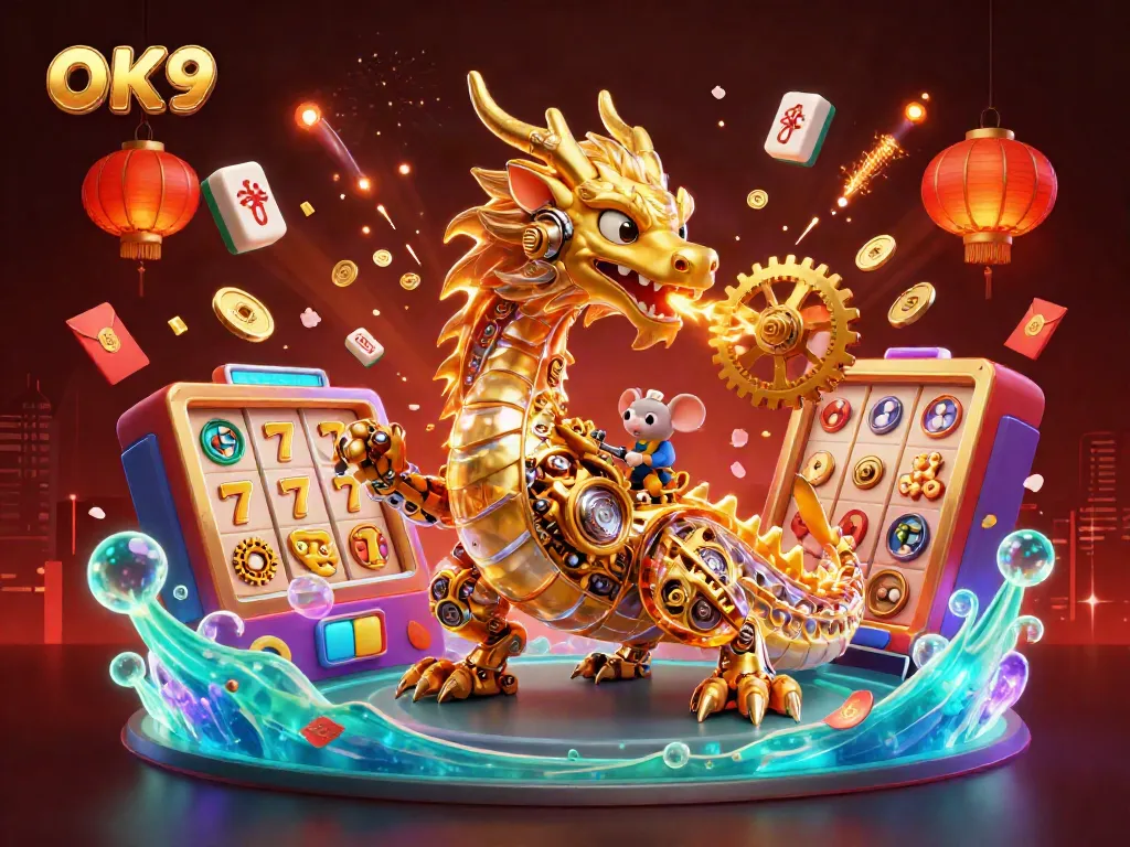 Engage with OK9’s vibrant 3D casino themed illustration, featuring a mechanical dragon and dynamic gaming elements.