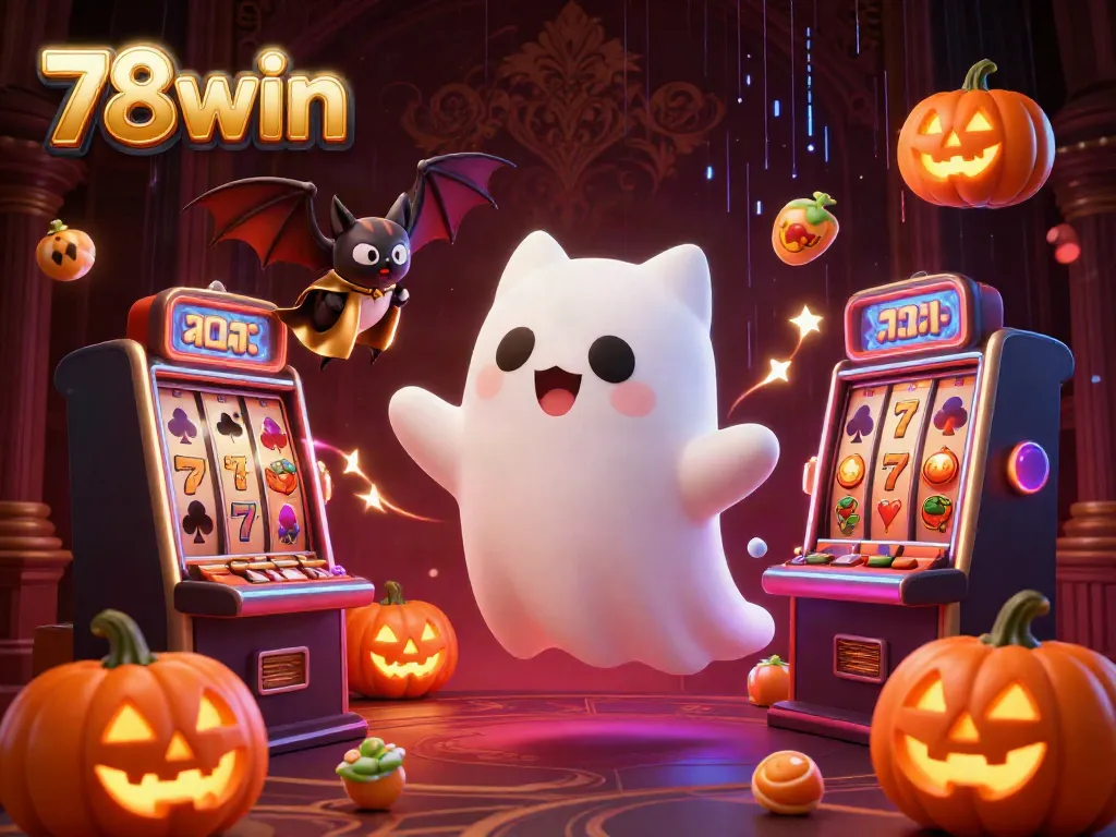Join the ghost cat and its bat companion in a spooky 78win casino adventure with vibrant slot elements.