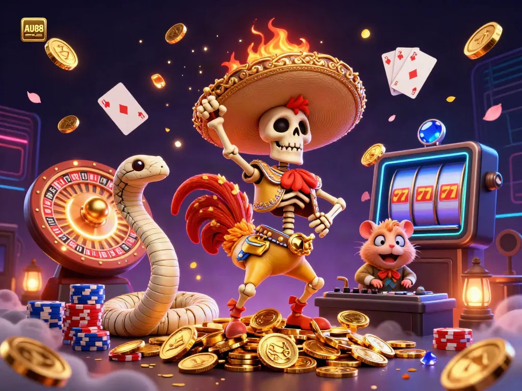Celebrate your wins with AU88's vibrant casino scene featuring lively characters amidst sparkling gems and coins.