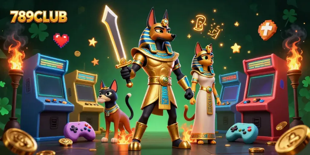 Experience the excitement of 789CLUB with Anubis and Bastet surrounded by vibrant casino gaming elements.