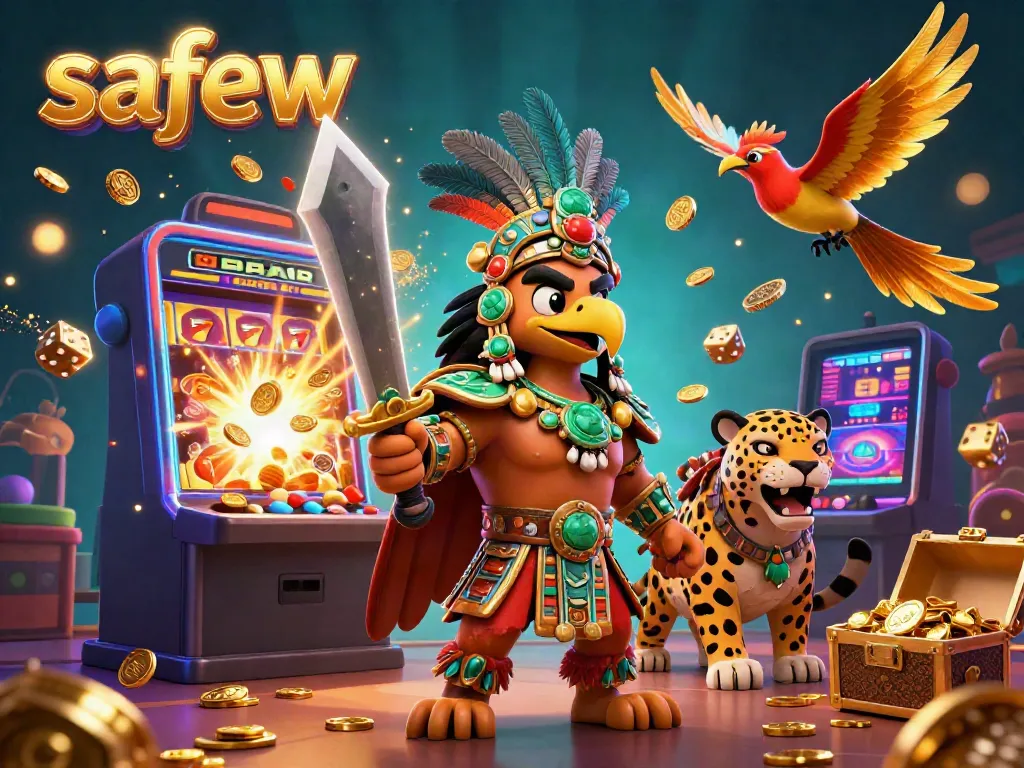 Experience the excitement of safew with a vibrant Aztec-themed casino scene full of action and dynamic gaming elements.