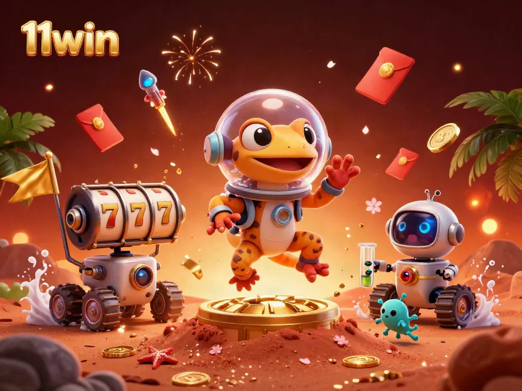 Experience the excitement of 11win with a Martian gecko discovering a golden casino filled with thrilling elements.