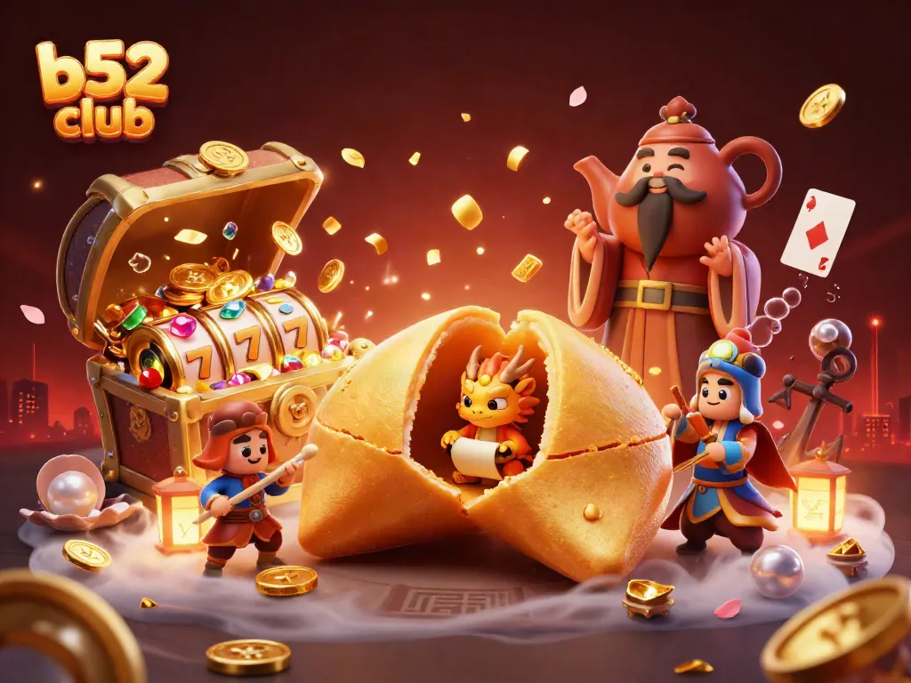 B52 club features a dynamic casino scene with a golden fortune cookie and gaming elements.