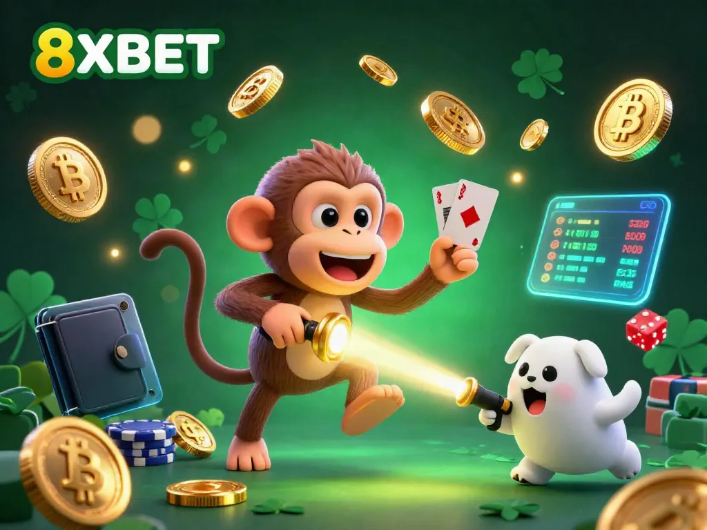 Discover the exciting world of 8XBET with a playful scene of a poltergeist monkey juggling golden casino items.
