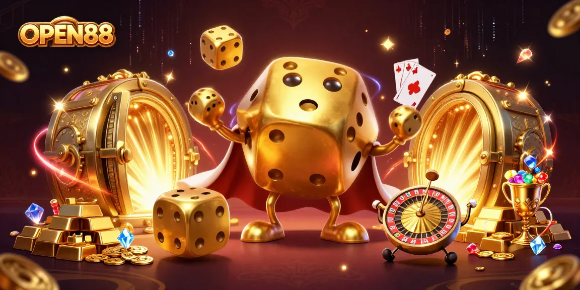 Engage in thrilling gaming at OPEN88 with a dynamic scene featuring our golden dice golem.