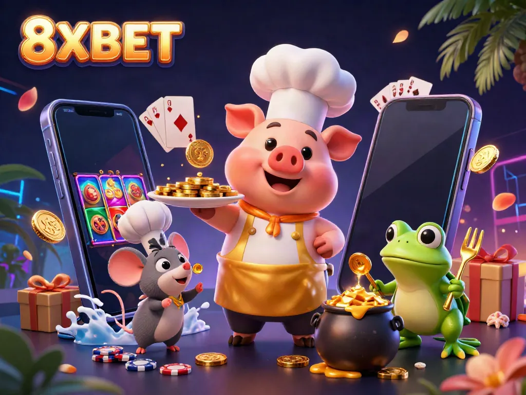 Experience excitement with 8XBET featuring gourmet gold coin dishes served by a chef pig and critiqued by a frog.