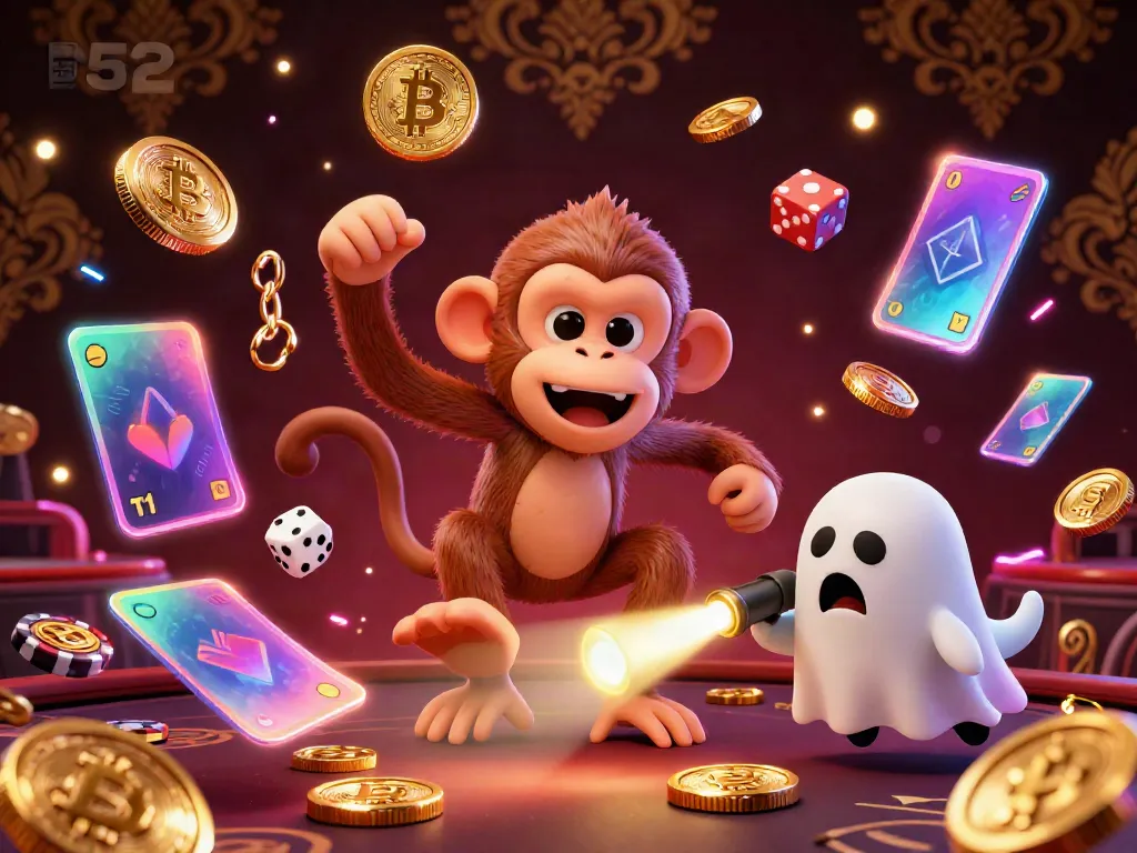 Engage with the lively B52 casino scene featuring a playful poltergeist monkey and a curious ghost-hunter puppy tracking golden treasures.