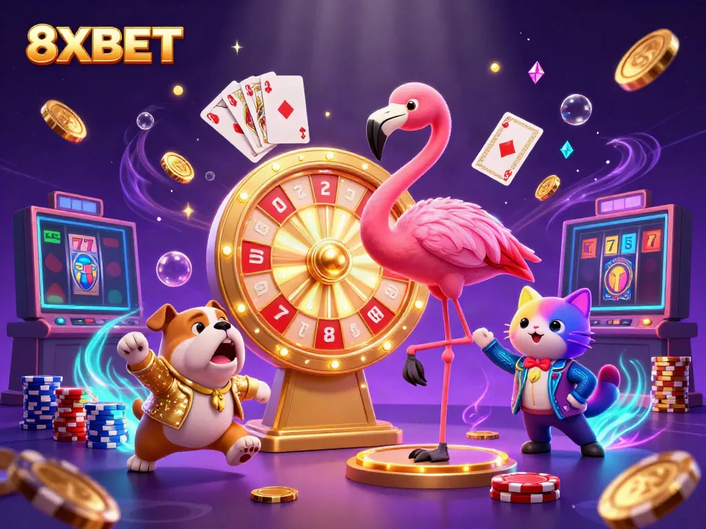 8XBET illustrations celebrating gaming excitement, featuring a flamingo host and dynamic prizes.