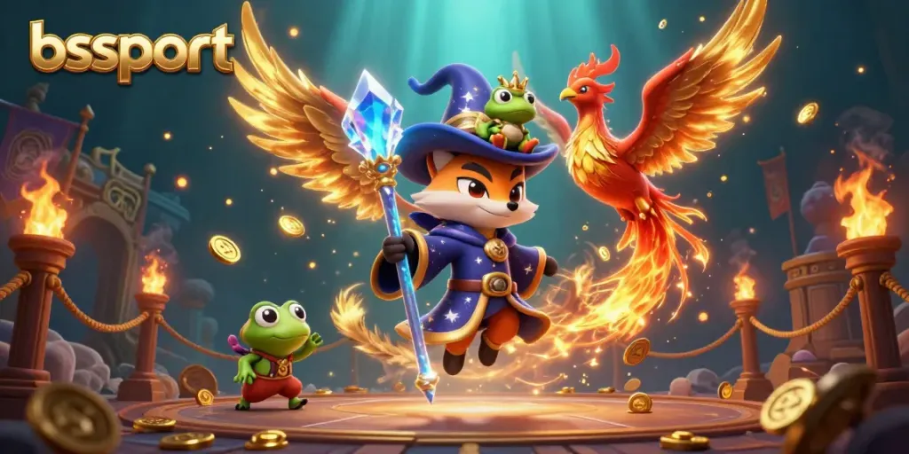Experience the thrill of betting with bsport alongside a magical fox and phoenix in an enchanting casino scene.