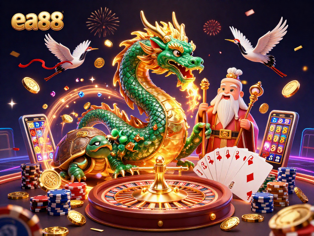 ea88 features a jade dragon and turtle sage in dynamic casino scene with golden coins and cards.