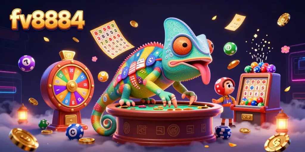 Engage with fv8884 in a vibrant casino scene featuring dynamic game elements and a lively chameleon owner.