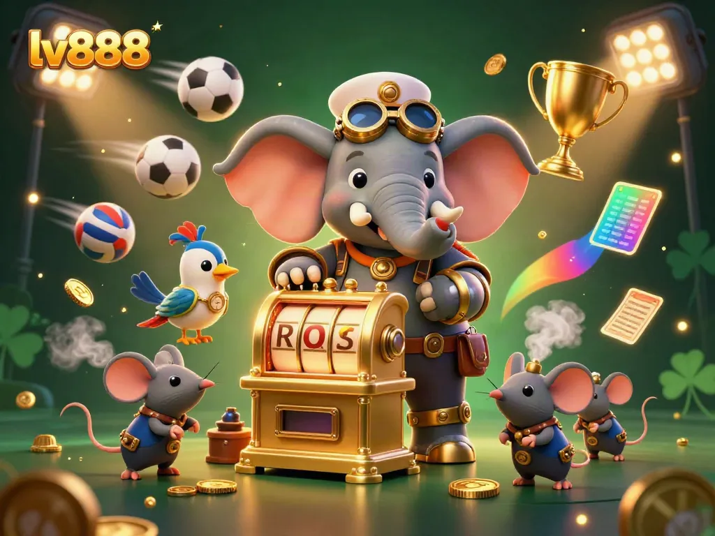 Experience thrilling gaming moments with lv888; a steampunk elephant and friends at a bustling casino.