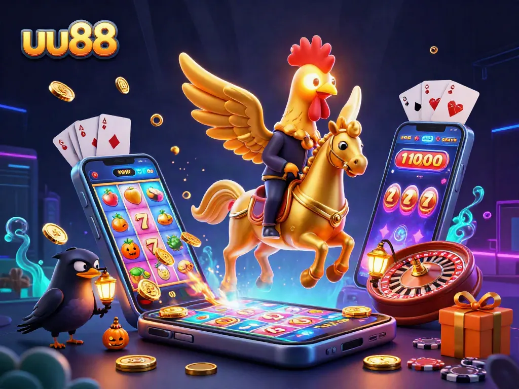 Engage with uu88's thrilling slot games amidst whimsical fantasy in a vibrant casino.