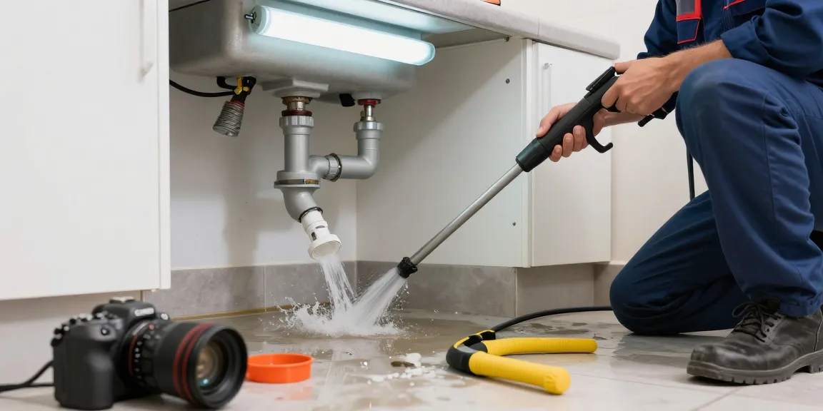 Technicus van de ontstoppingsdienst aan het werk met hogedrukreiniger om een verstopte afvoer op te lossen.
