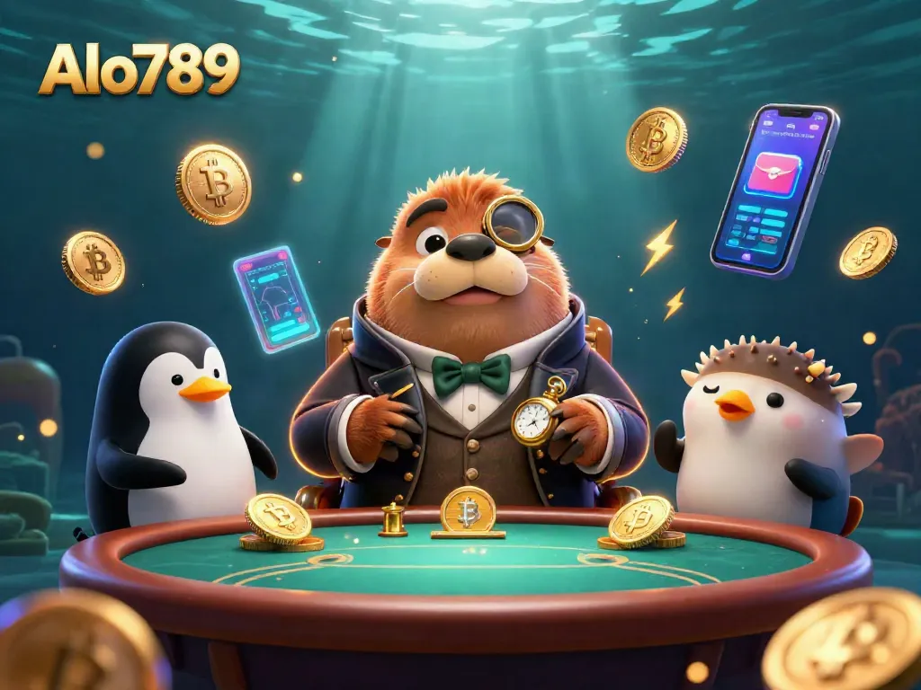 Alo789 showcases a jolly walrus at an underwater poker table with crypto coins, promoting exciting gambling experiences.