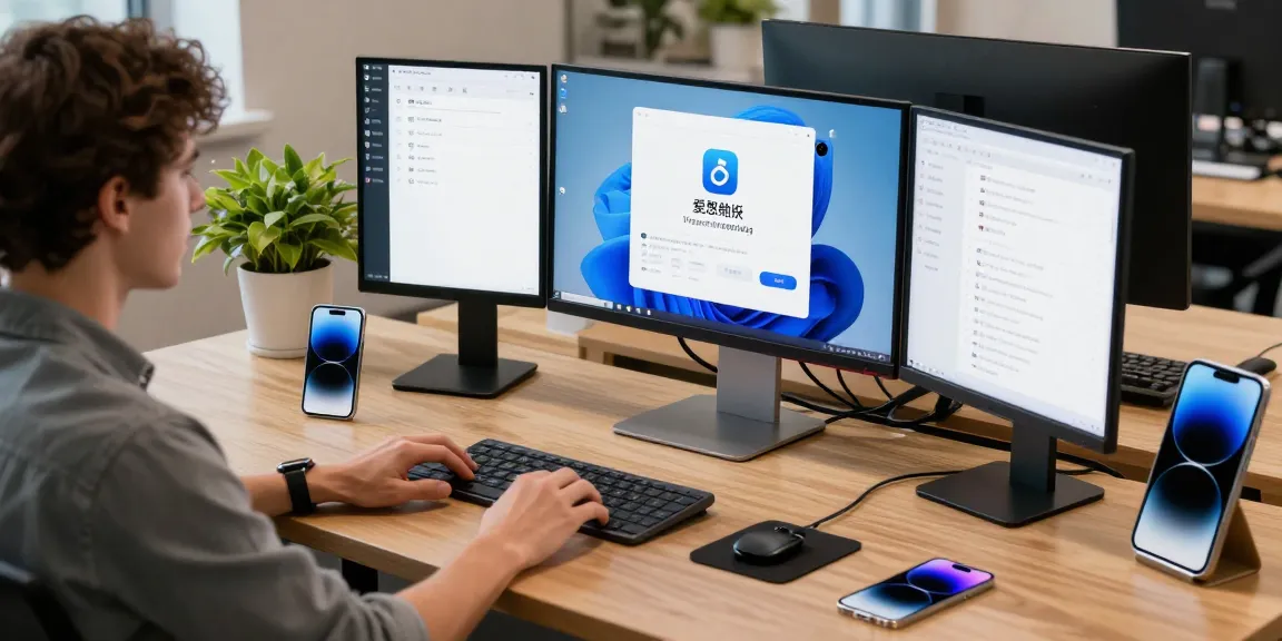 爱思下载界面展示的现代科技工作空间中的用户，周围多种苹果设备，清晰表达现代化的设备管理理念。