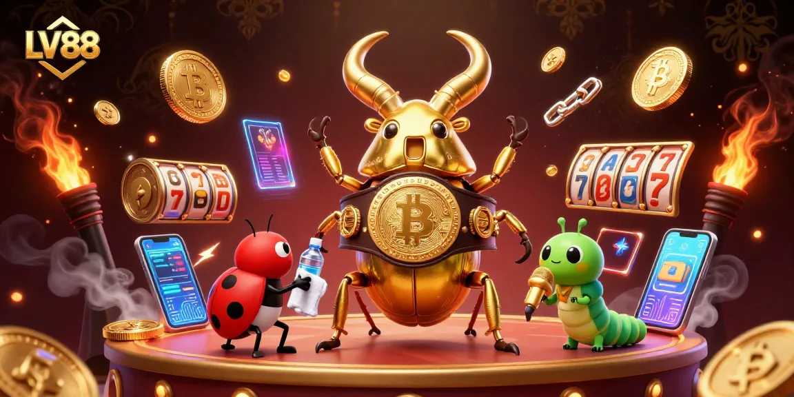 Experience thrilling action at LV88 with a captivating 3D illustration of a boxing beetle and vibrant casino elements.