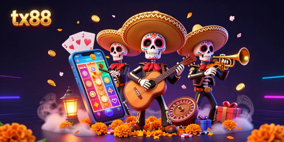 Play vibrant slot games with tx88 in a colorful casino scene featuring mariachi skeletons.