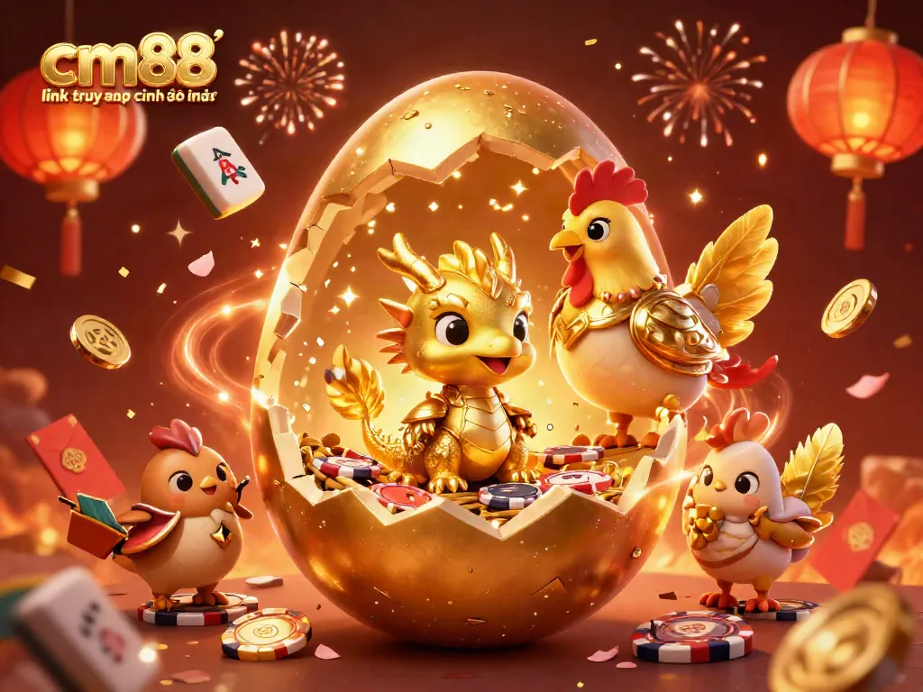 Engage in thrilling gameplay with link truy cập chính thức cm88, featuring a dazzling gold dragon and festive casino elements.
