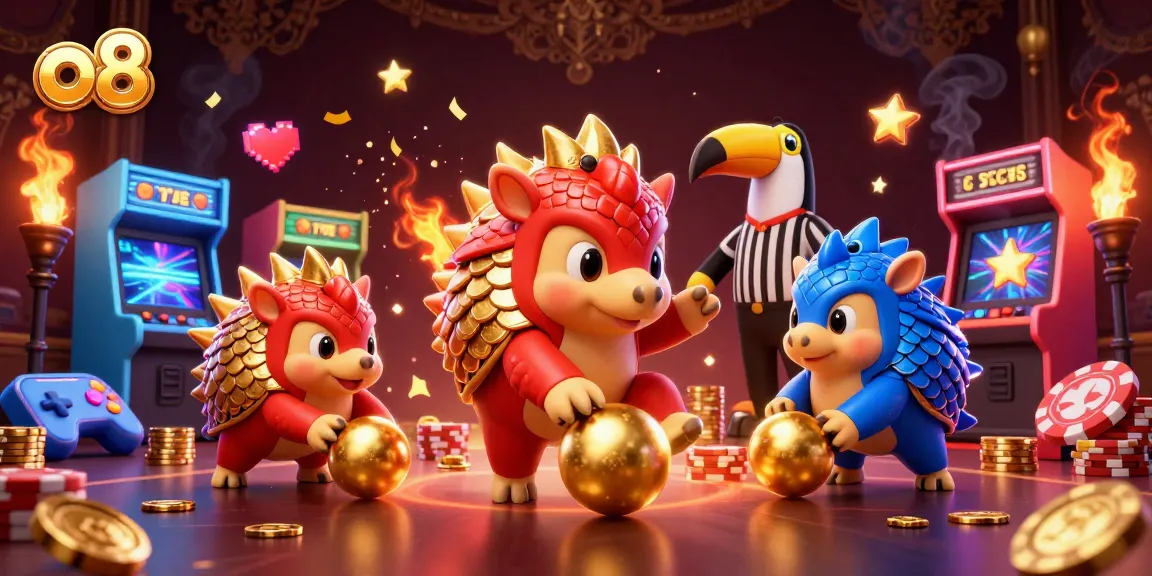 o8 features rival pangolins rolling through poker chips in a colorful casino setup.