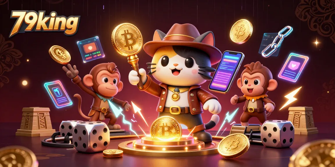 Explore thrilling adventures with 79king in a vibrant 3D casino illustration showcasing exciting gaming elements.