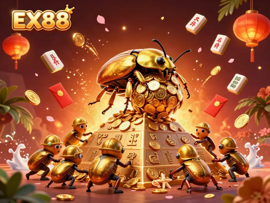 Experience the excitement of EX88 with dynamic golden casino-themed illustration filled with 3D cartoon characters.