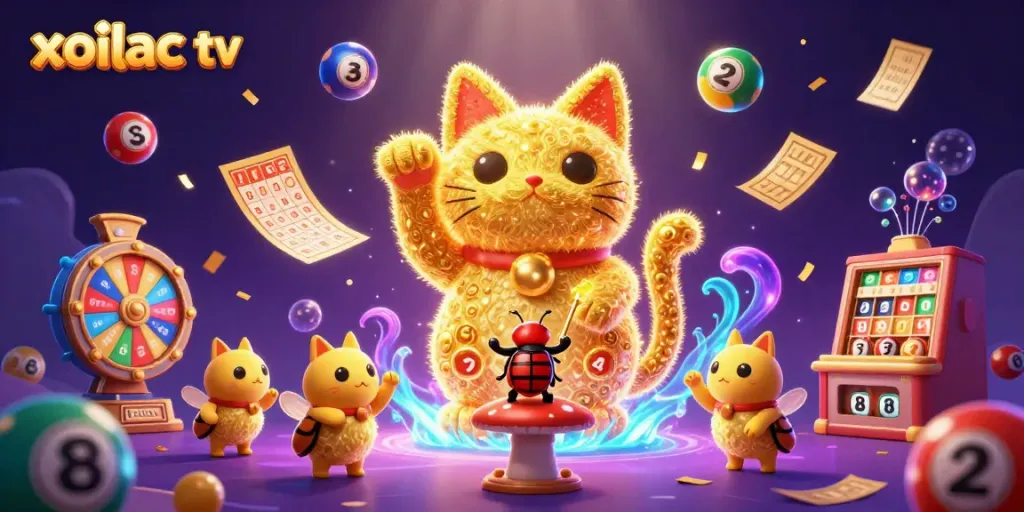 Xoilac TV showcases thrilling live gambling visuals featuring a lucky cat and vibrant casino symbols.