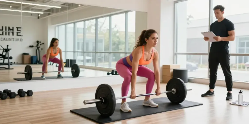 Dynamic fitness scene at https://biolabshop.nl/ featuring an athletic woman lifting weights in a bright studio.