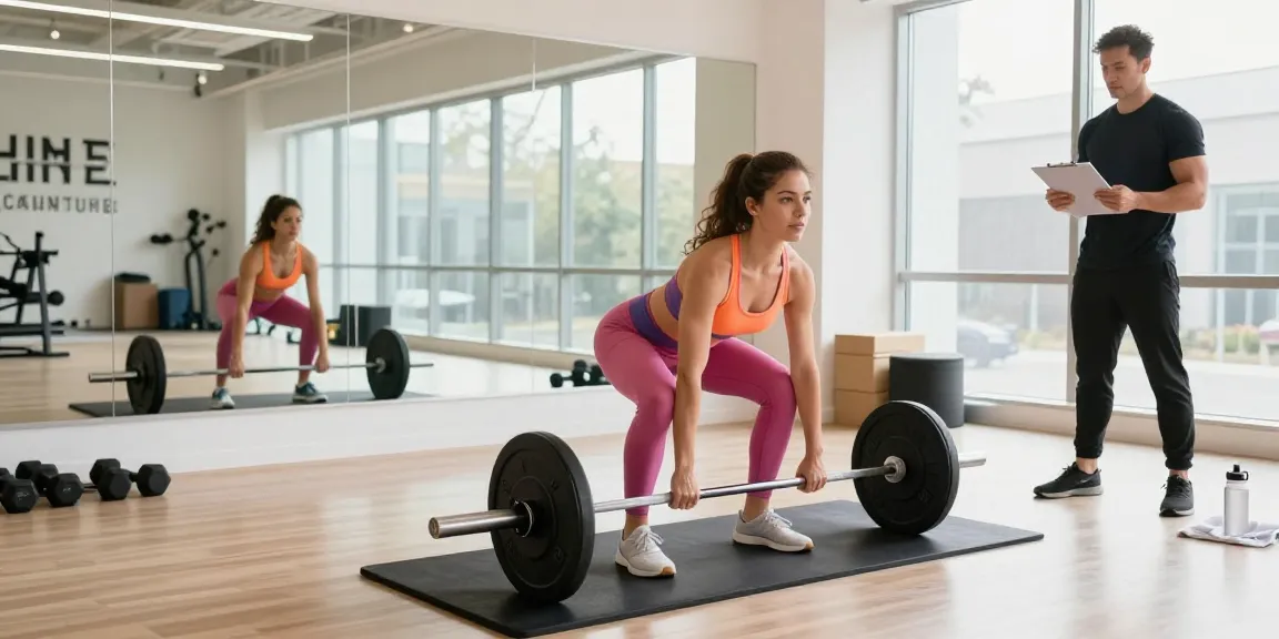 Dynamic fitness scene at https://biolabshop.nl/ featuring an athletic woman lifting weights in a bright studio.
