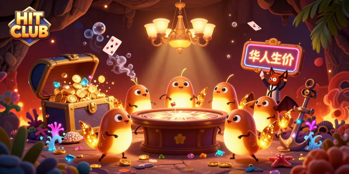 Experience the excitement of HIT CLUB with vibrant glowworms lighting a casino scene filled with treasures and games.