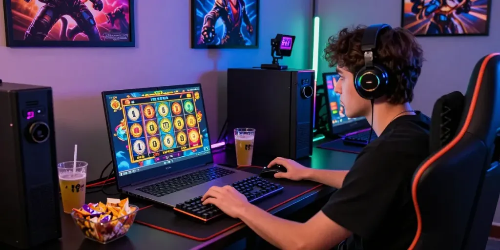 Penggemar bermain slot88 di laptop dengan grafis cerah dan suasana seru.
