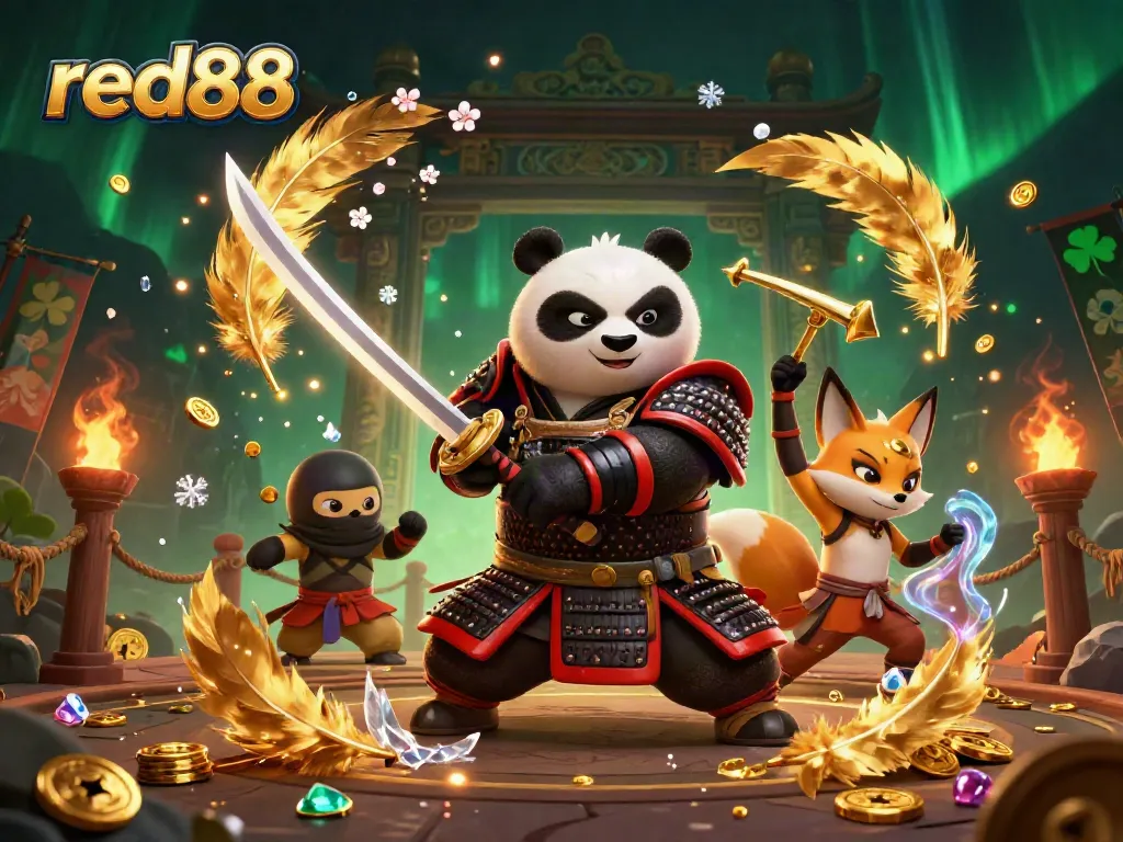 Engaging red88 illustration of a samurai panda, ninja fox, and spirit tanuki showcasing dynamic gambling elements.